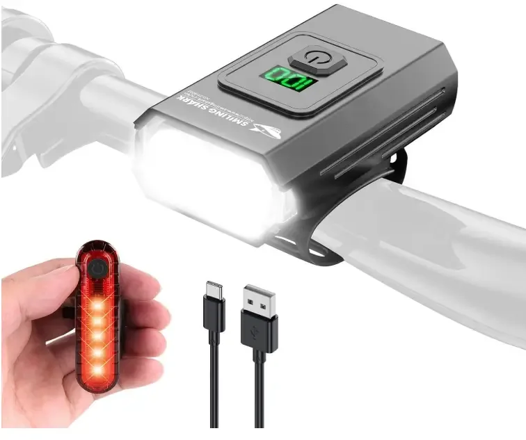 Smiling Shark Bicycle Lights, LED Bike Front Clip Light & Free Red Tail Light IPX6 Waterproof USB Rechargeable Powerful Safety Bike Headlight Accessories Set for Night Riding Cycling