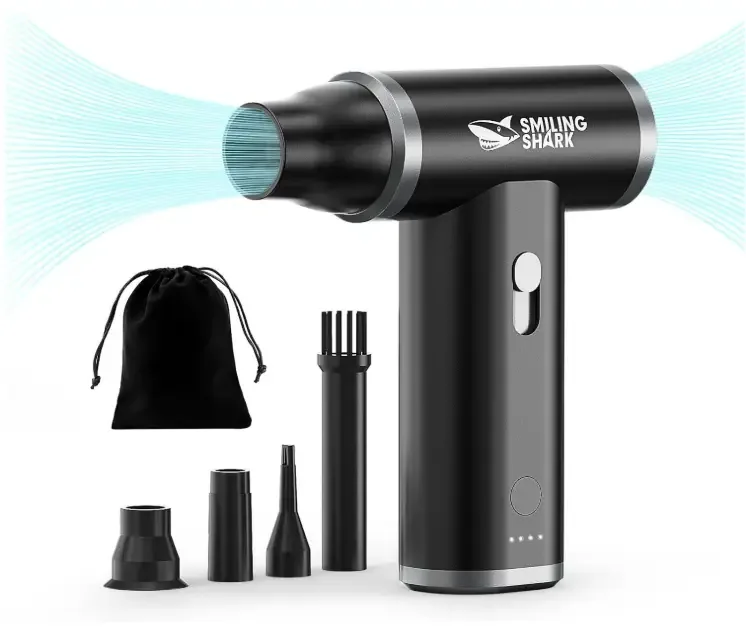 Smiling Shark Electric Air Duster, J01 Brushless Motor 130000RPM Stepless Speed Compressed Air Duster Rechargeable Full Body Aluminum Alloy Tiny Air Blower PC/Keyborad/BBQ/Car/Camping, Black