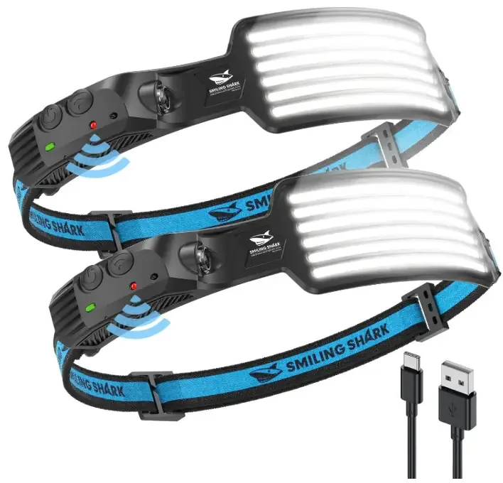 Smiling Shark Rechargeable Headlamp, 2 Pack Wide Angle 6*White Light The Brightest LED Head Lamp with Motion Sensor Waterproof Headlight for Camping Hiking Outdoor, Head-Light-LED-Lamp-Rechargeable