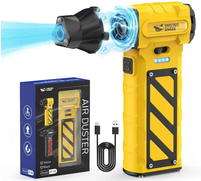 Smiling Shark Compressed Air Duster, 110000RPM Stepless Speed Electric Cordless Air Blower, Emergency Cutter & Hammer – Perfect for Yard/Lawn/Leaf/Dust/PC/Car/Camping, JF-02