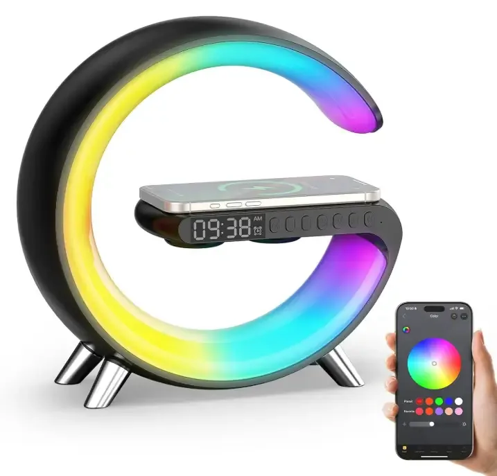 Smiling Shark Wake Up Light, Wireless Charger Atmosphere Desk Light with Bluetooth Speaker White Noise App Control Dimmable Sunrise & Sunset Simulation Dual Alarm Clock Smart Light for Home Decor