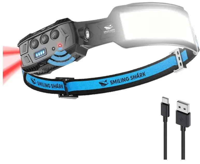Smiling Shark Headlamp, Head Lamp Led Rechargeable 6 Modes 7*White Lights 270° Lighting Width Motion Sensor Red Tail Light for Camping Fishing Running Repairation, LED-Headlamp-Rechargeable-Light